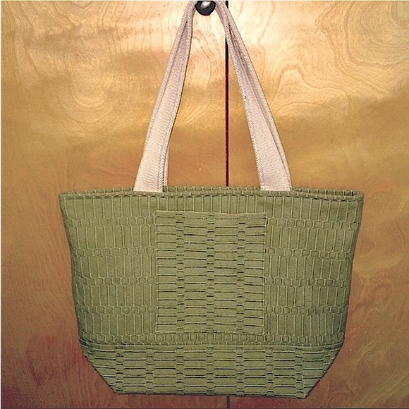 Hand made farmers market tote bag from upcycled material, pockets, lined, green - Picture 2 of 16